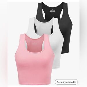 Pink,White and Black Sleeveless Scoop Neck Crop Tank Tops